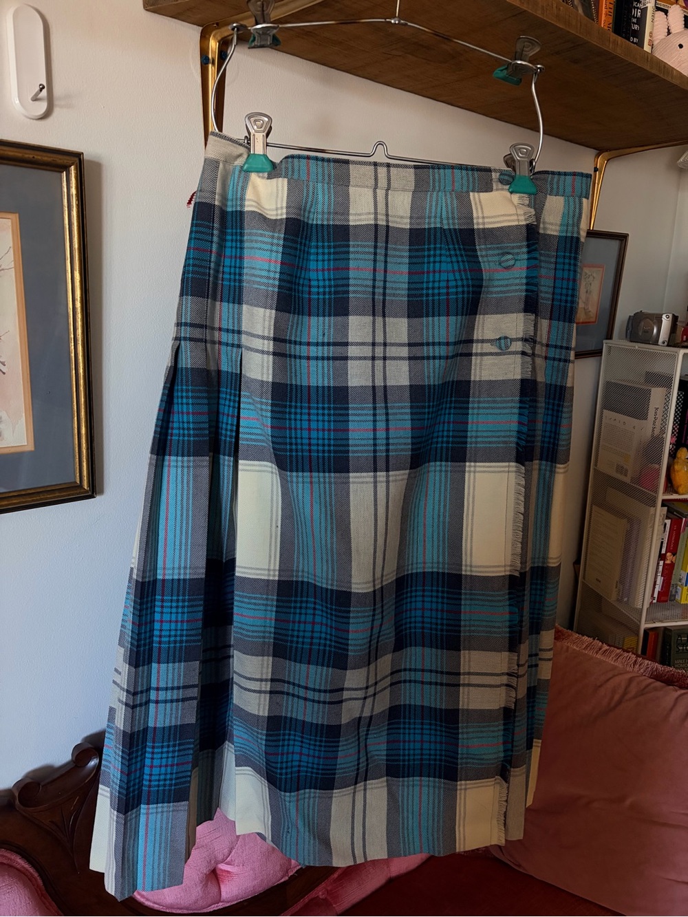 Vintage Plaid Midi Skirt in Blue and Cream